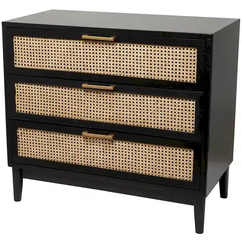 Wood Cabinet with 3 Cane Front Drawers and Gold Handles Fully Assembled