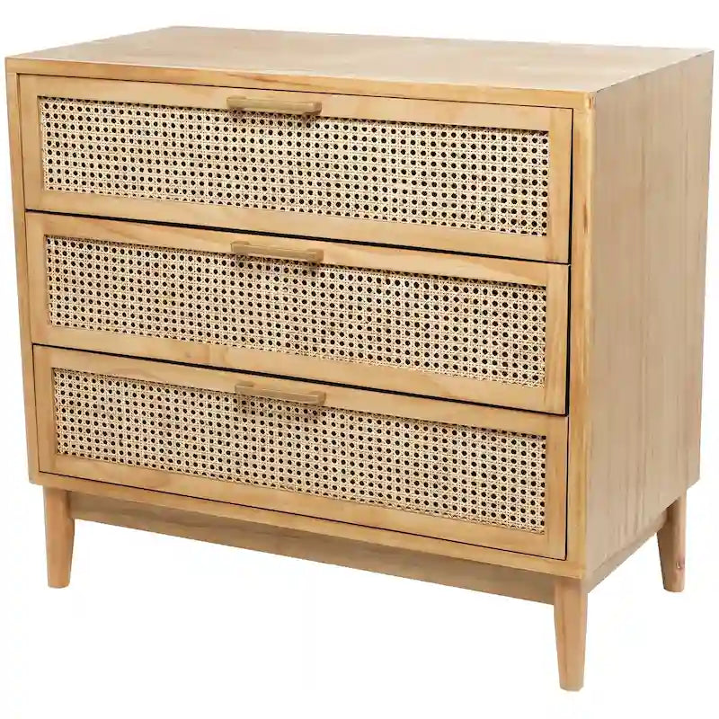Wood Cabinet with 3 Cane Front Drawers and Gold Handles Fully Assembled
