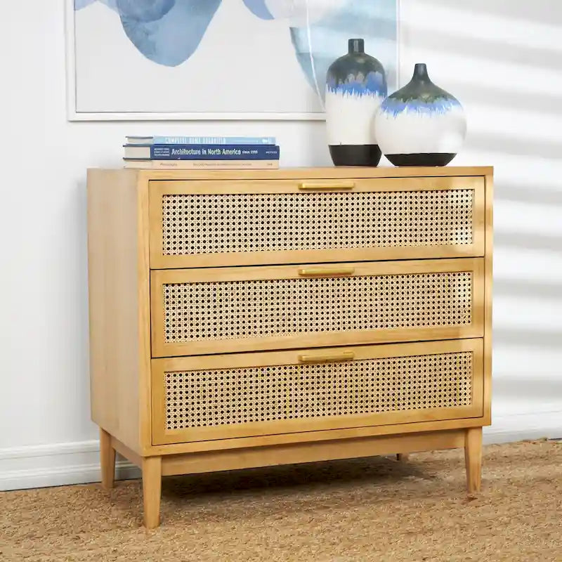 Wood Cabinet with 3 Cane Front Drawers and Gold Handles Fully Assembled
