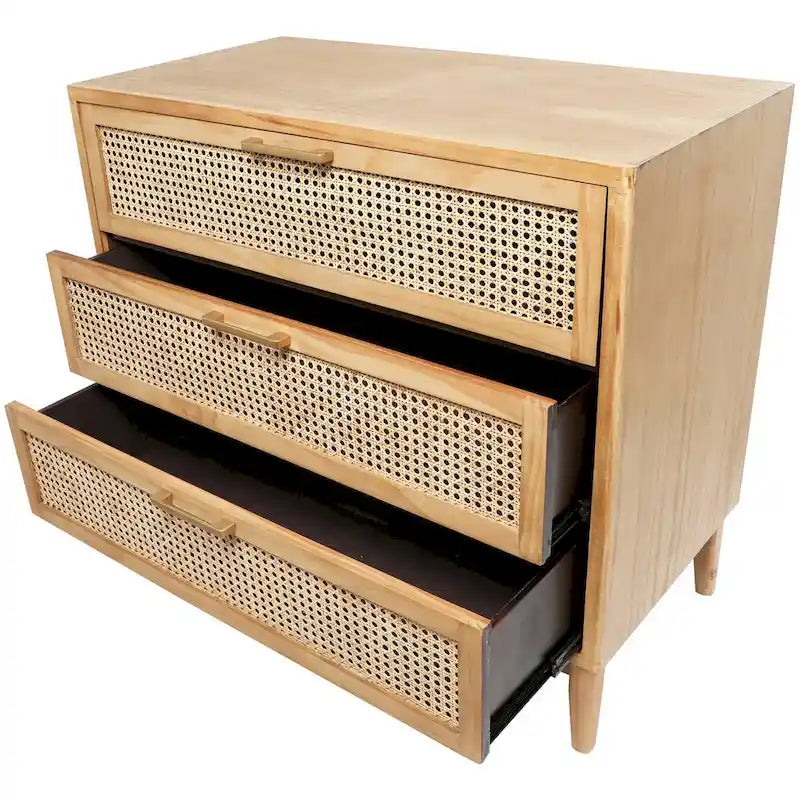 Wood Cabinet with 3 Cane Front Drawers and Gold Handles Fully Assembled