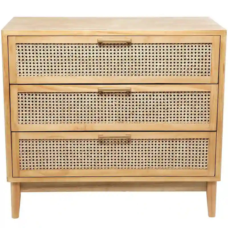 Wood Cabinet with 3 Cane Front Drawers and Gold Handles Fully Assembled