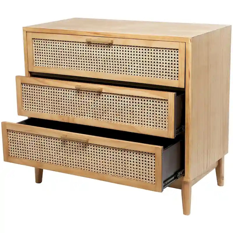Wood Cabinet with 3 Cane Front Drawers and Gold Handles Fully Assembled