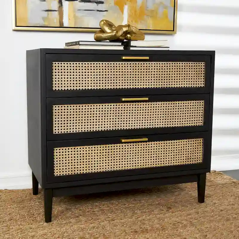 Wood Cabinet with 3 Cane Front Drawers and Gold Handles Fully Assembled