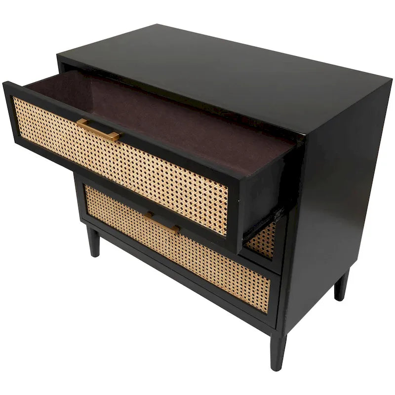Wood Cabinet with 3 Cane Front Drawers and Gold Handles Fully Assembled