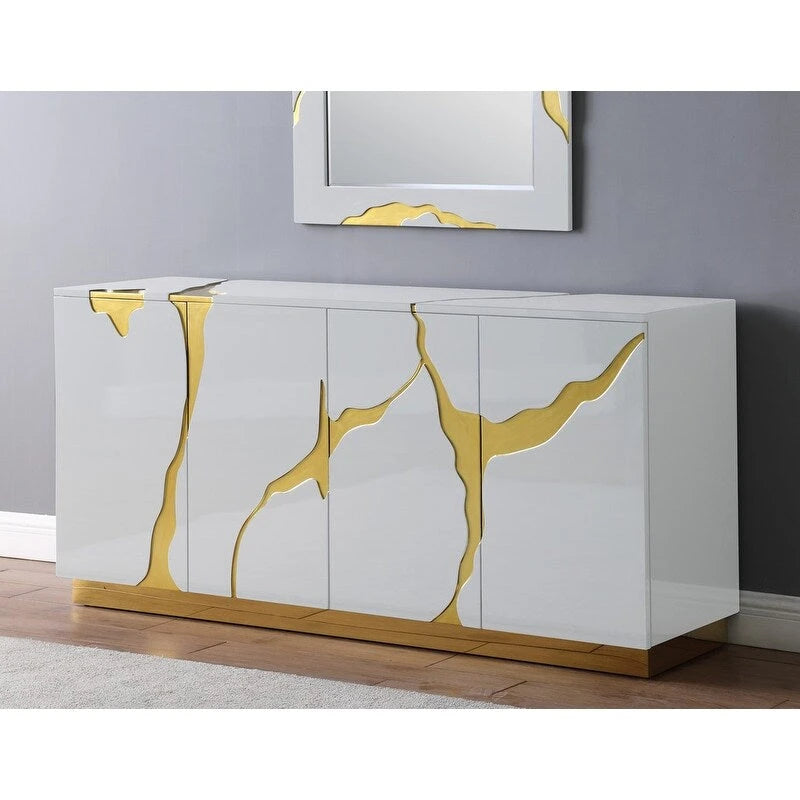 66 in. High Gloss Lacquer Sideboard with 4 Doors Adjustable Shelves Gold Base