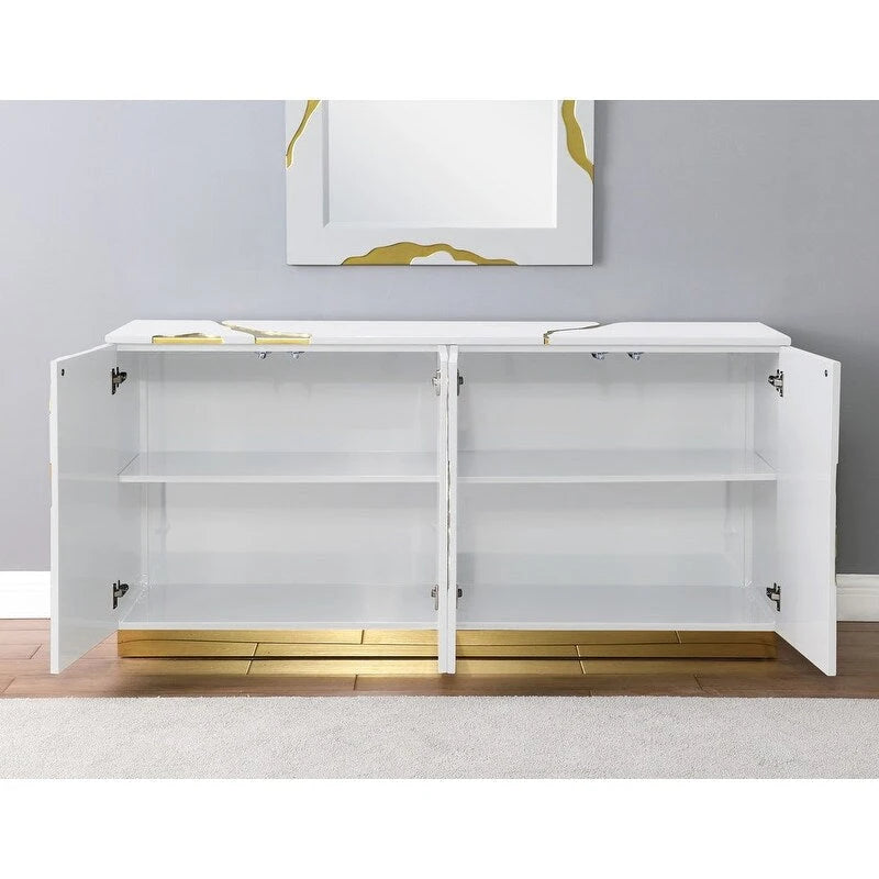 66 in. High Gloss Lacquer Sideboard with 4 Doors Adjustable Shelves Gold Base