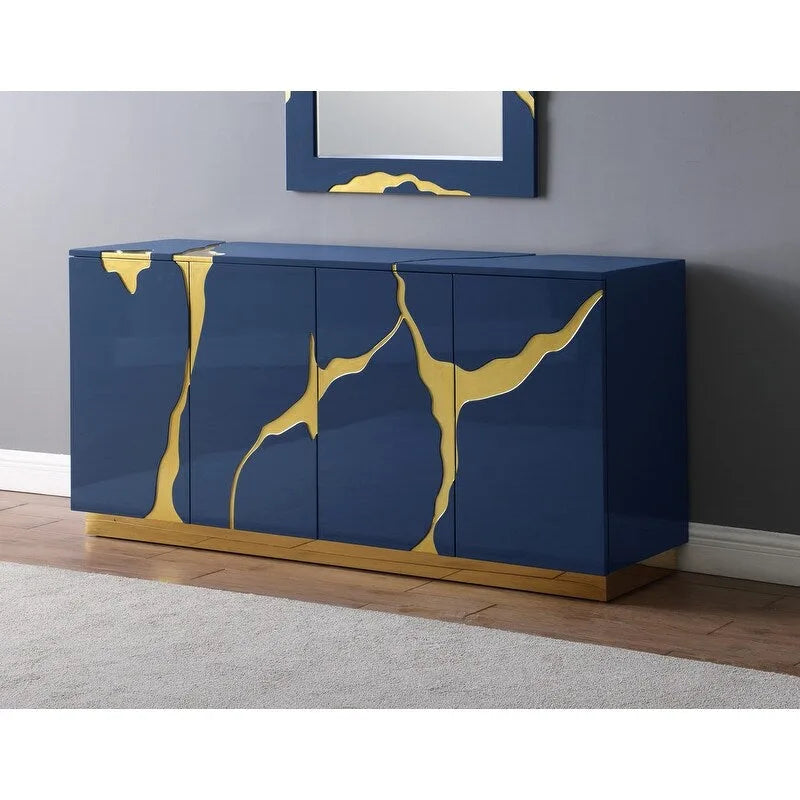 66 in. High Gloss Lacquer Sideboard with 4 Doors Adjustable Shelves Gold Base