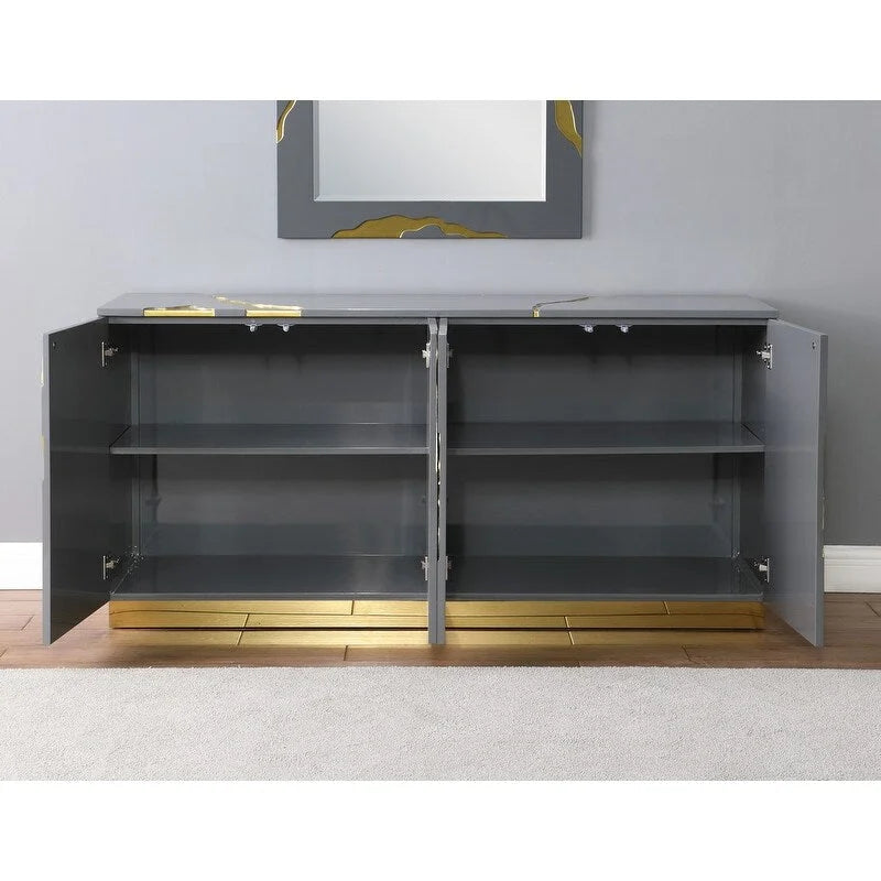 66 in. High Gloss Lacquer Sideboard with 4 Doors Adjustable Shelves Gold Base