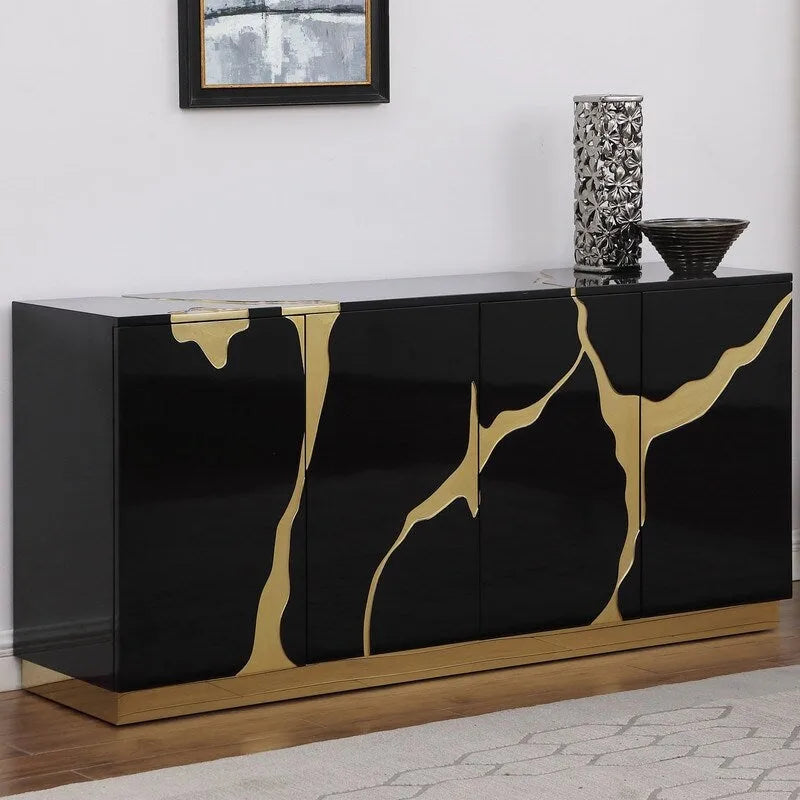 66 in. High Gloss Lacquer Sideboard with 4 Doors Adjustable Shelves Gold Base