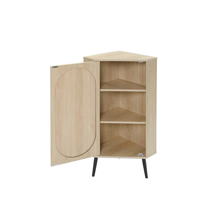 Freestanding Corner Cabinet with Rattan Door and Adjustable Shelf