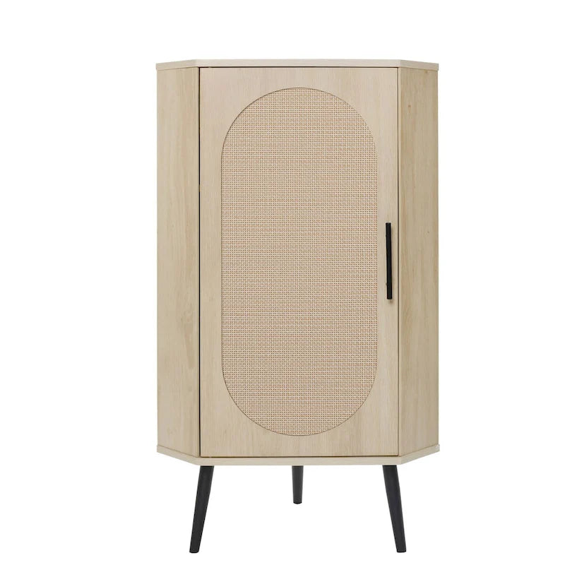 Freestanding Corner Cabinet with Rattan Door and Adjustable Shelf