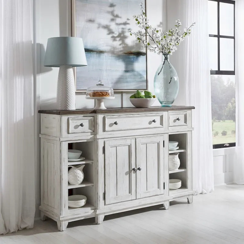 Pine Wood Breakfront Server Cabinet with Soft Close Drawers and Wine Storage 66 in.