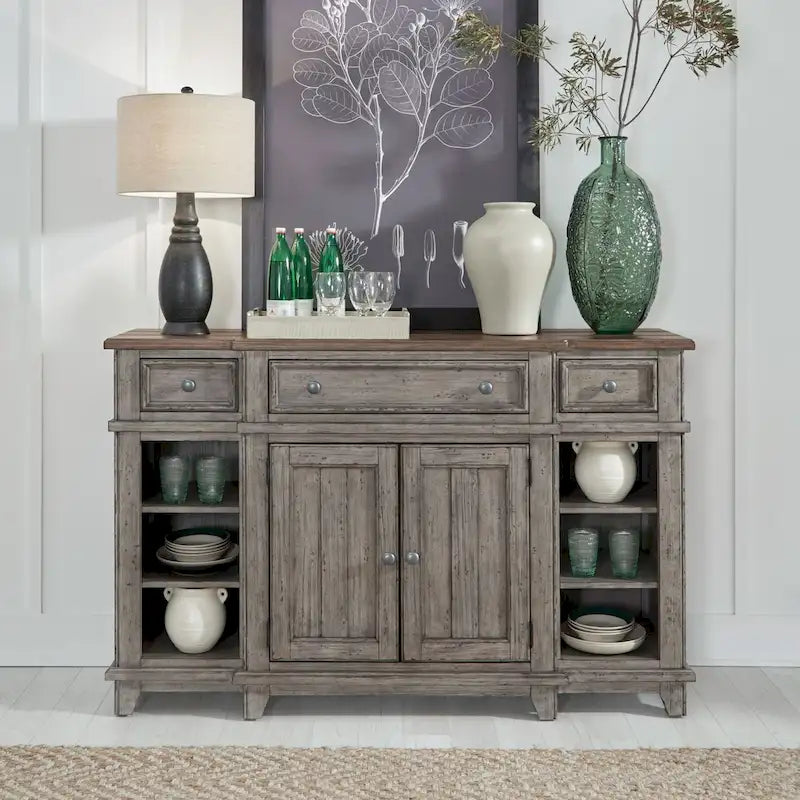Pine Wood Breakfront Server Cabinet with Soft Close Drawers and Wine Storage 66 in.