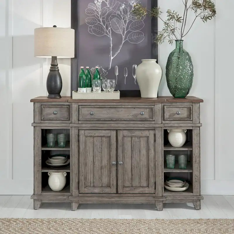 Pine Wood Breakfront Server Cabinet with Soft Close Drawers and Wine Storage 66 in.