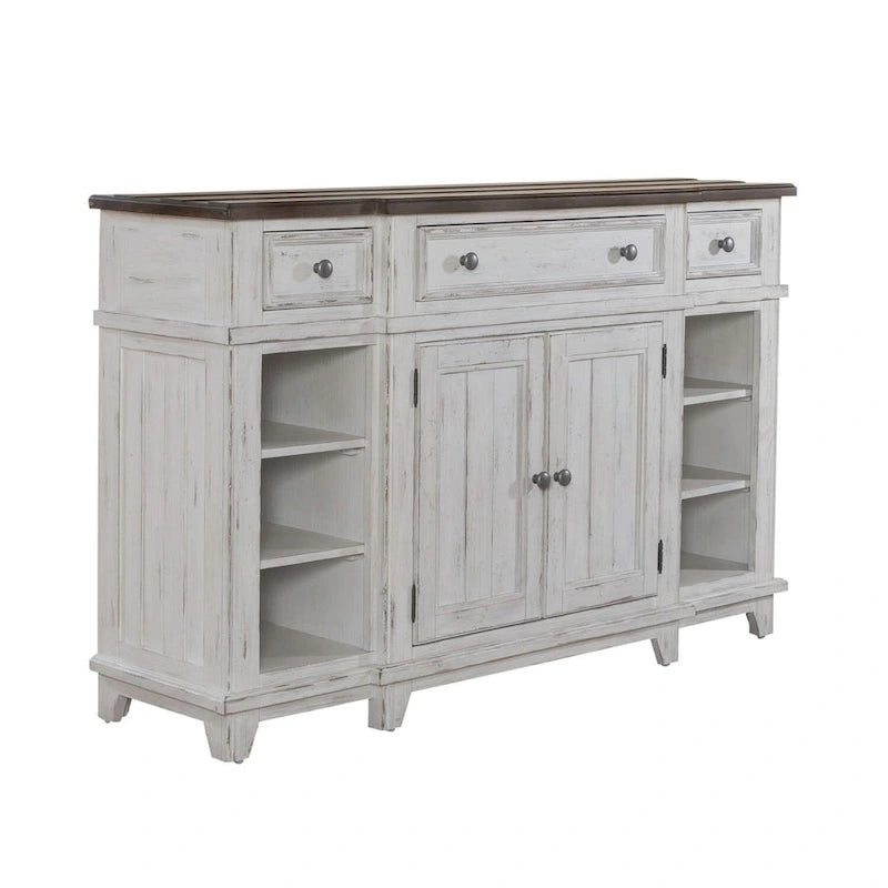 Pine Wood Breakfront Server Cabinet with Soft Close Drawers and Wine Storage 66 in.
