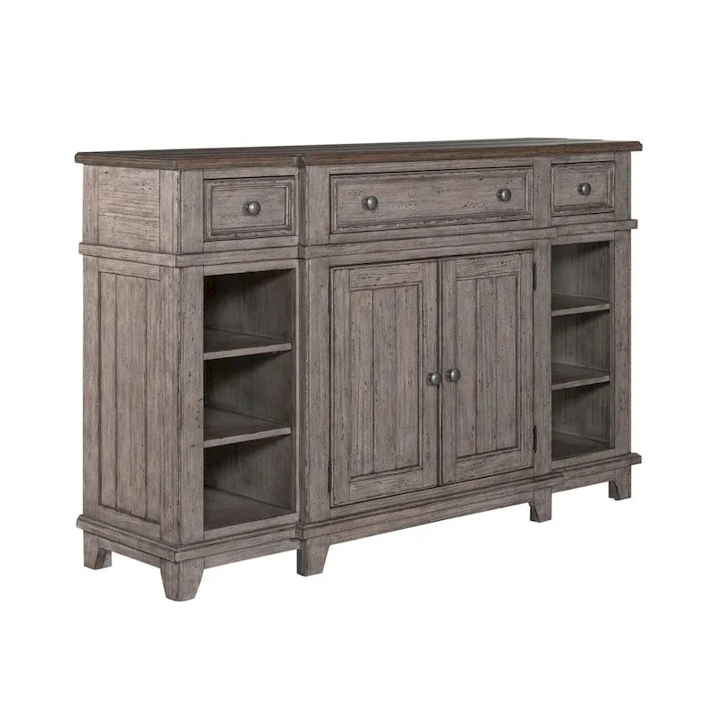 Pine Wood Breakfront Server Cabinet with Soft Close Drawers and Wine Storage 66 in.