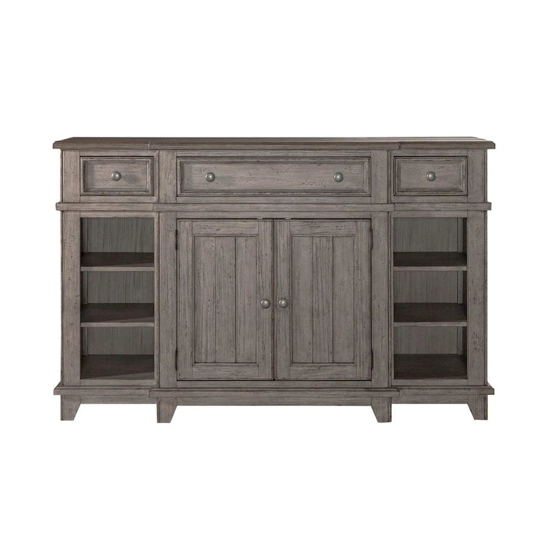 Pine Wood Breakfront Server Cabinet with Soft Close Drawers and Wine Storage 66 in.