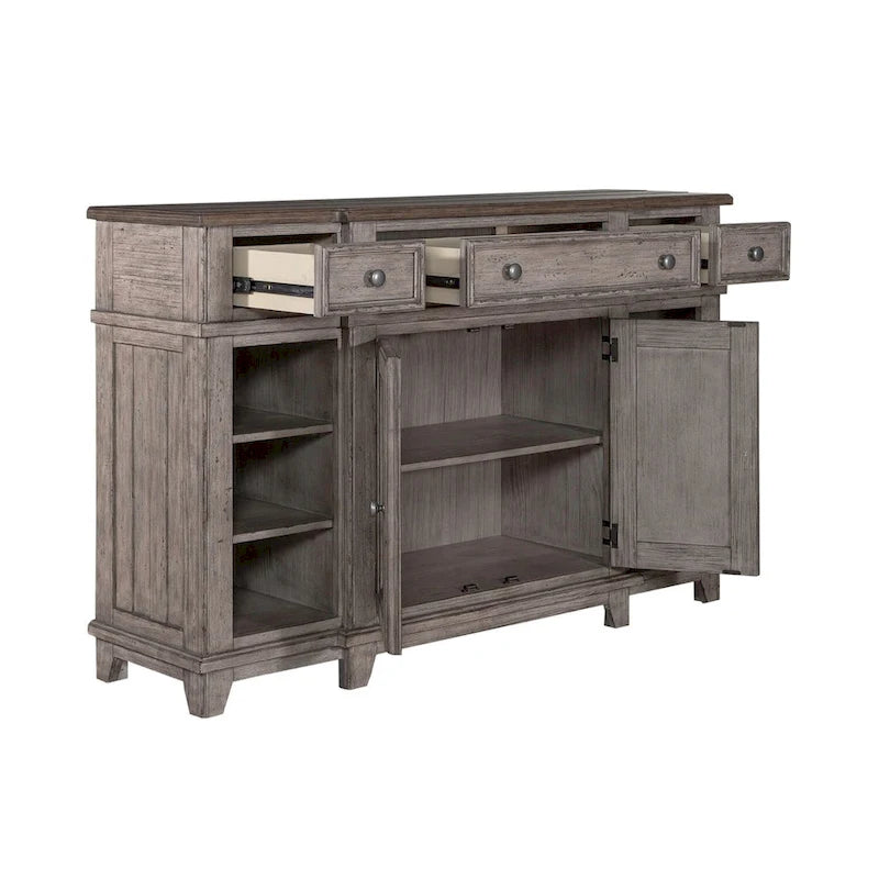 Pine Wood Breakfront Server Cabinet with Soft Close Drawers and Wine Storage 66 in.
