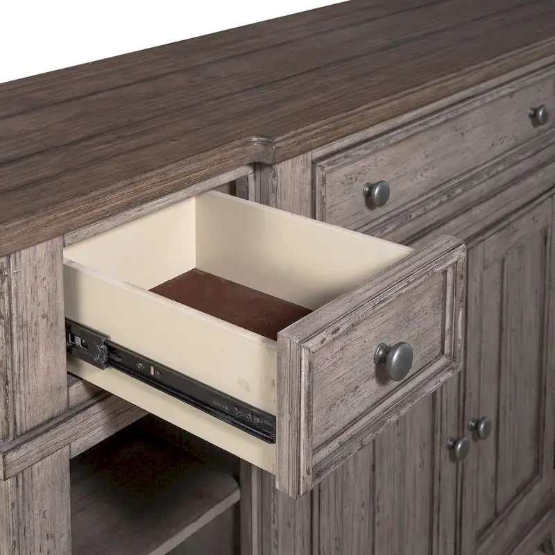 Pine Wood Breakfront Server Cabinet with Soft Close Drawers and Wine Storage 66 in.