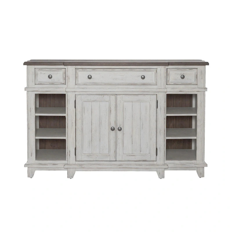 Pine Wood Breakfront Server Cabinet with Soft Close Drawers and Wine Storage 66 in.
