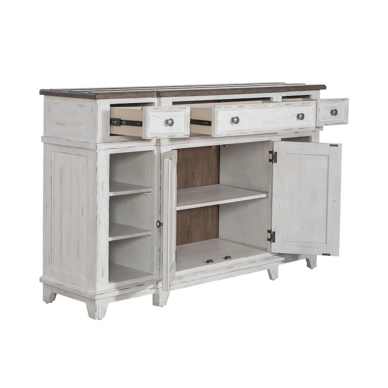 Pine Wood Breakfront Server Cabinet with Soft Close Drawers and Wine Storage 66 in.