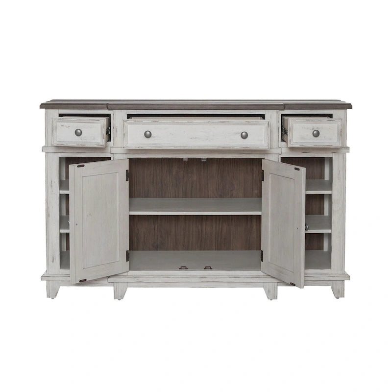 Pine Wood Breakfront Server Cabinet with Soft Close Drawers and Wine Storage 66 in.