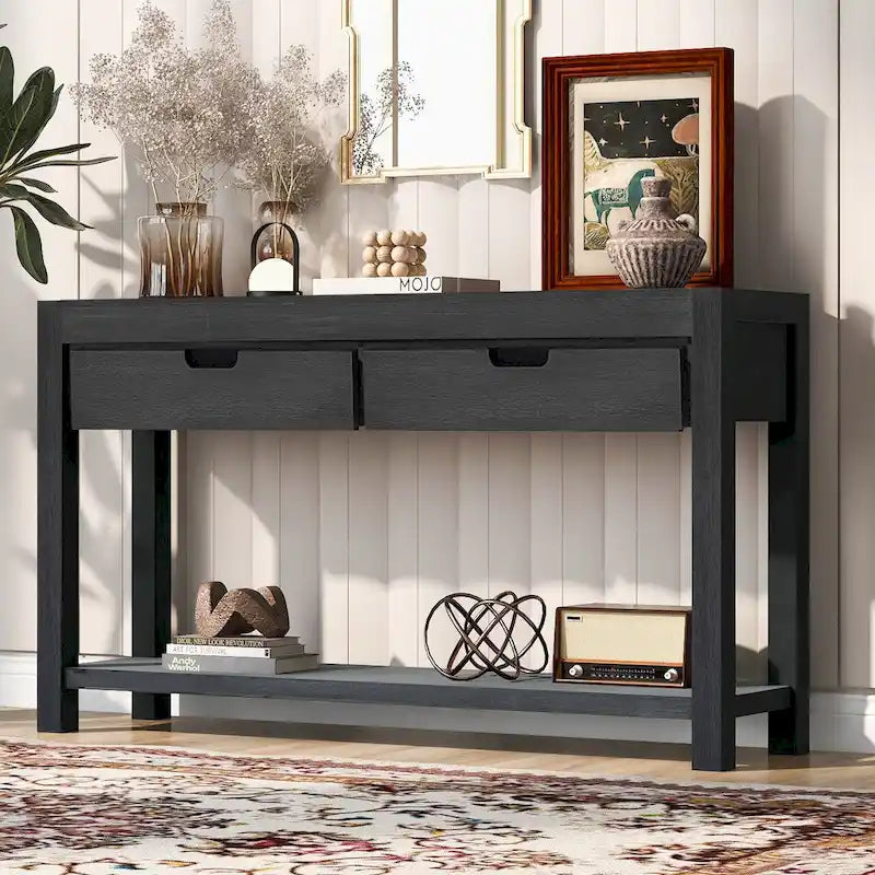 Console Table for Hallway with 2 Drawers and Bottom Shelf Acacia Wood Veneer