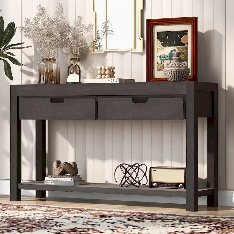 Console Table for Hallway with 2 Drawers and Bottom Shelf Acacia Wood Veneer