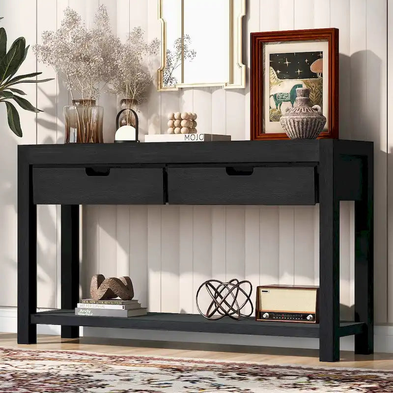 Console Table for Hallway with 2 Drawers and Bottom Shelf Acacia Wood Veneer