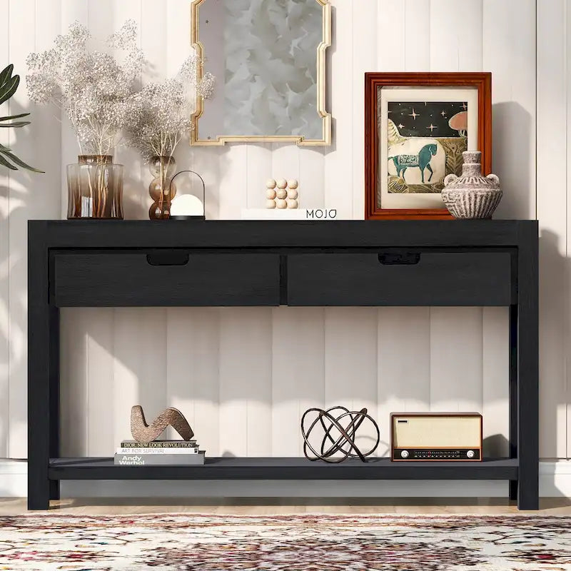Console Table for Hallway with 2 Drawers and Bottom Shelf Acacia Wood Veneer