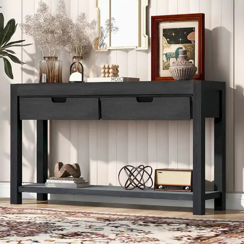 Console Table for Hallway with 2 Drawers and Bottom Shelf Acacia Wood Veneer