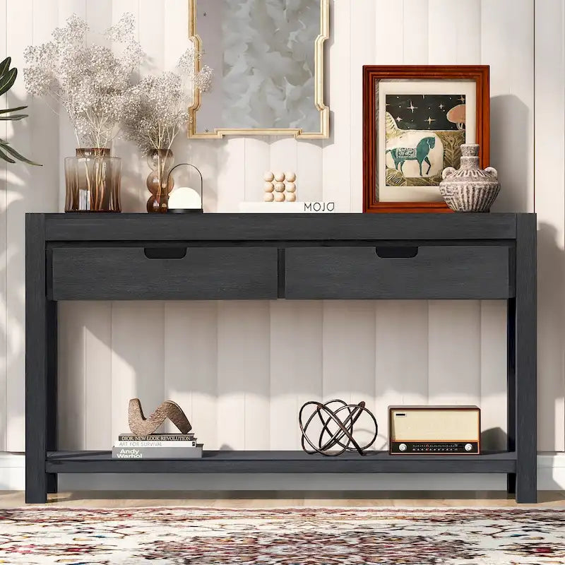 Console Table for Hallway with 2 Drawers and Bottom Shelf Acacia Wood Veneer