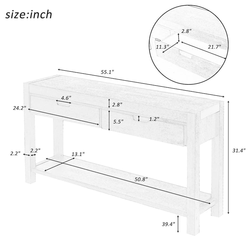 Console Table for Hallway with 2 Drawers and Bottom Shelf Acacia Wood Veneer