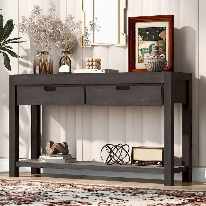 Console Table for Hallway with 2 Drawers and Bottom Shelf Acacia Wood Veneer