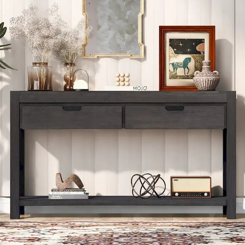 Console Table for Hallway with 2 Drawers and Bottom Shelf Acacia Wood Veneer