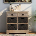 Solid Wood Cabinet with 2 Drawers and 4 Rattan Baskets No Assembly Required