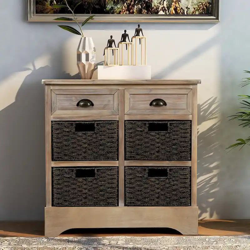 Solid Wood Cabinet with 2 Drawers and 4 Rattan Baskets No Assembly Required