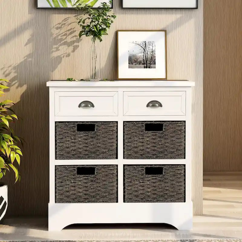 Solid Wood Cabinet with 2 Drawers and 4 Rattan Baskets No Assembly Required