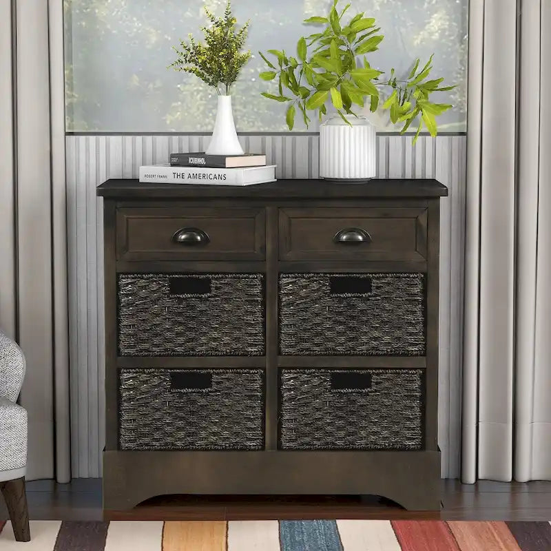 Solid Wood Cabinet with 2 Drawers and 4 Rattan Baskets No Assembly Required