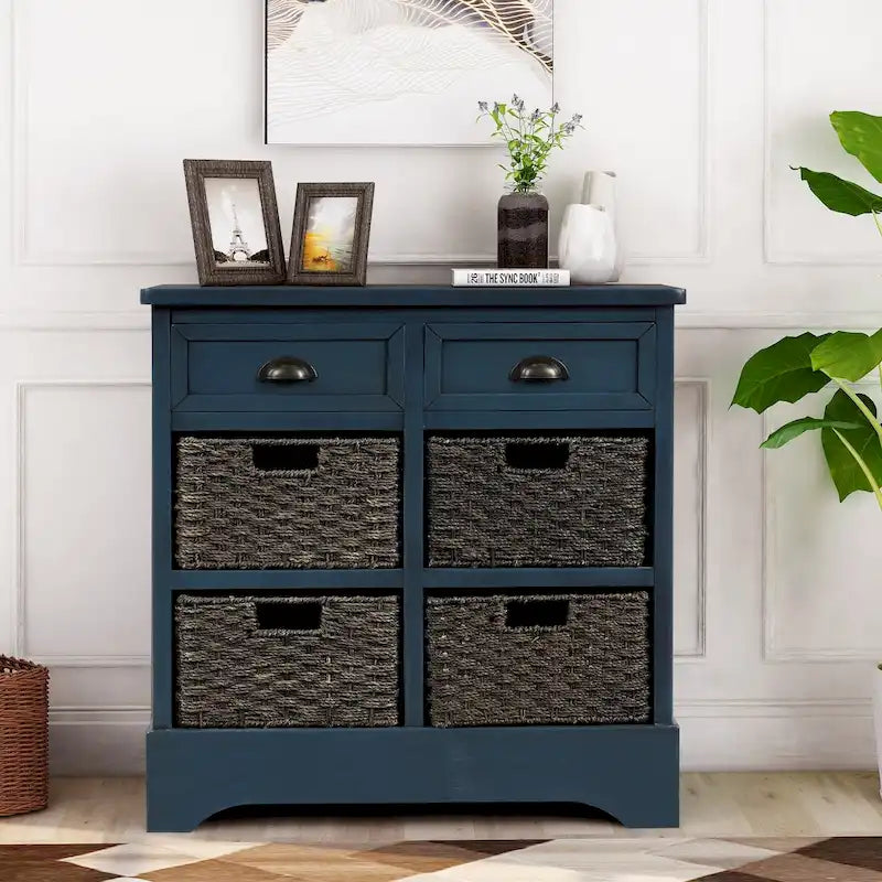 Solid Wood Cabinet with 2 Drawers and 4 Rattan Baskets No Assembly Required