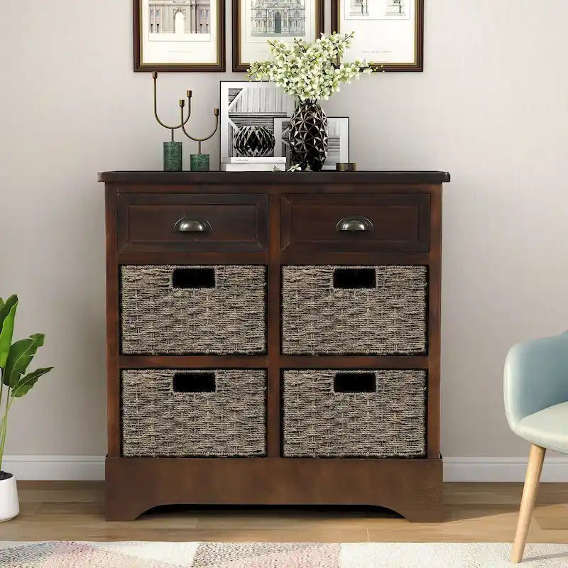 Solid Wood Cabinet with 2 Drawers and 4 Rattan Baskets No Assembly Required