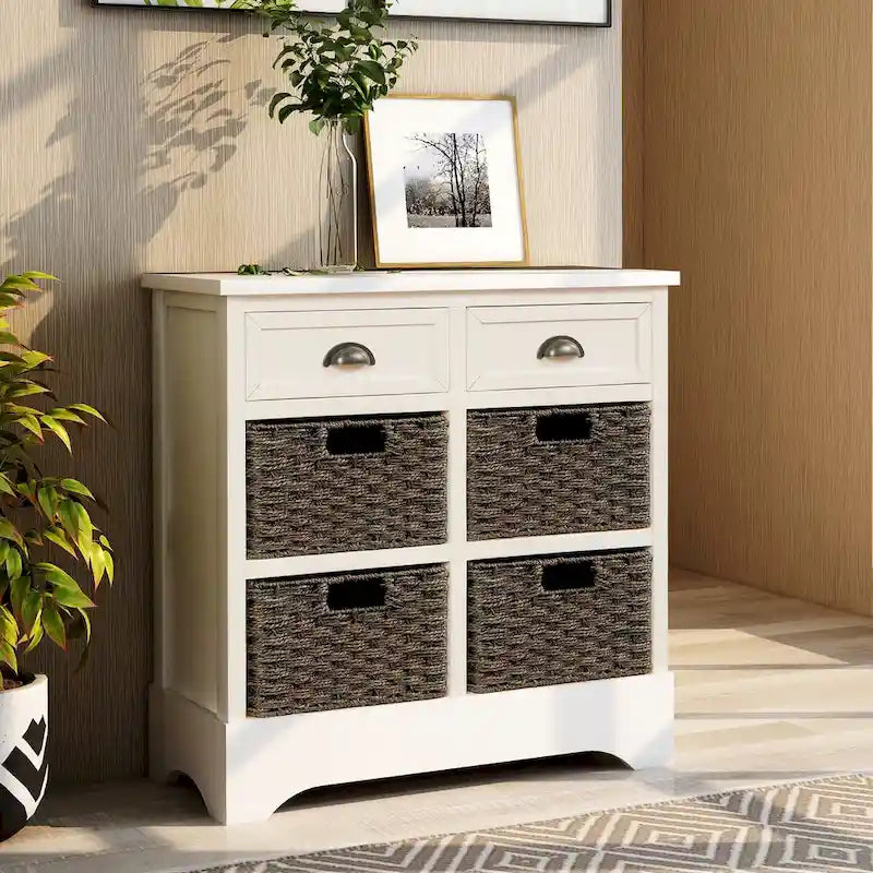 Solid Wood Cabinet with 2 Drawers and 4 Rattan Baskets No Assembly Required