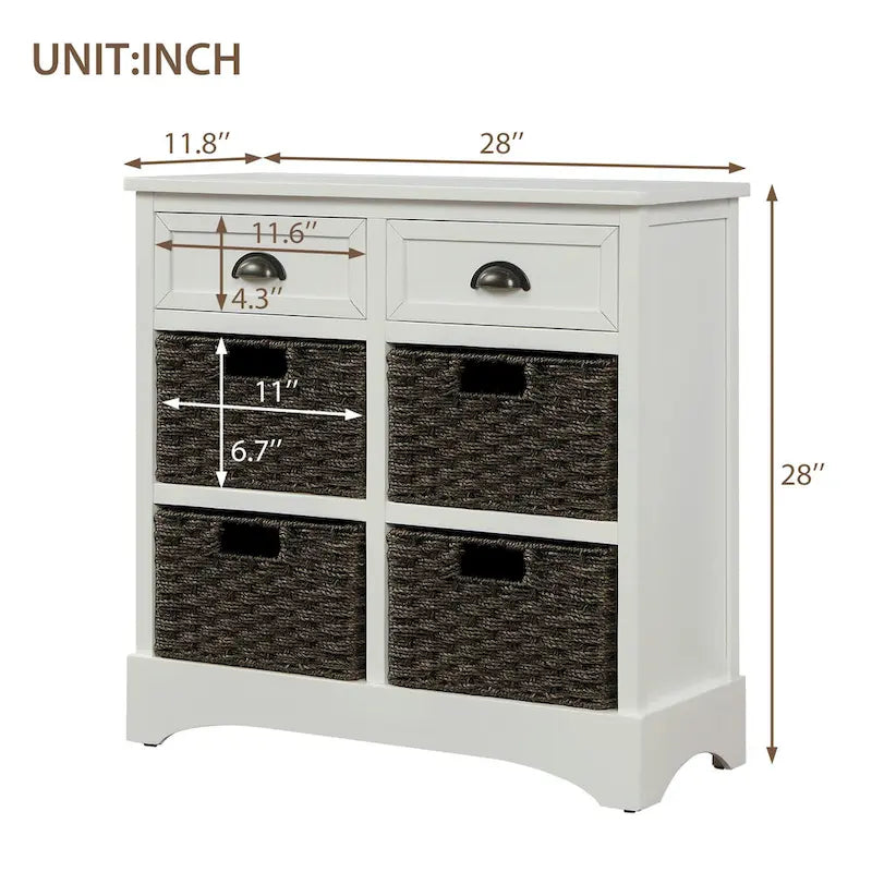 Solid Wood Cabinet with 2 Drawers and 4 Rattan Baskets No Assembly Required