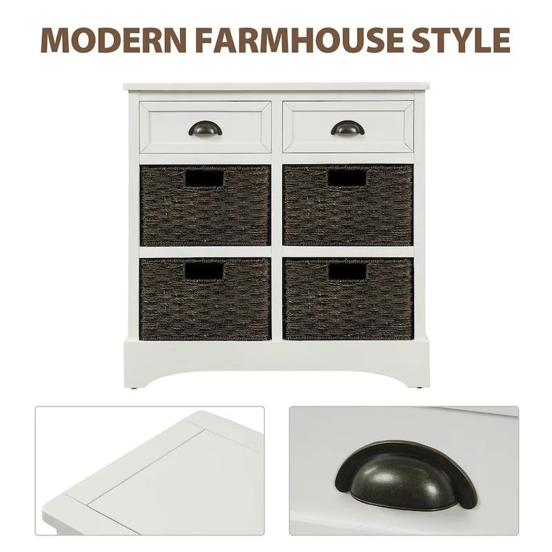 Solid Wood Cabinet with 2 Drawers and 4 Rattan Baskets No Assembly Required