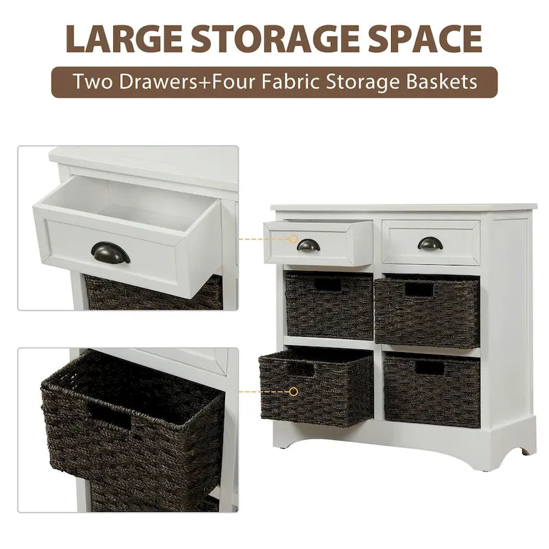 Solid Wood Cabinet with 2 Drawers and 4 Rattan Baskets No Assembly Required