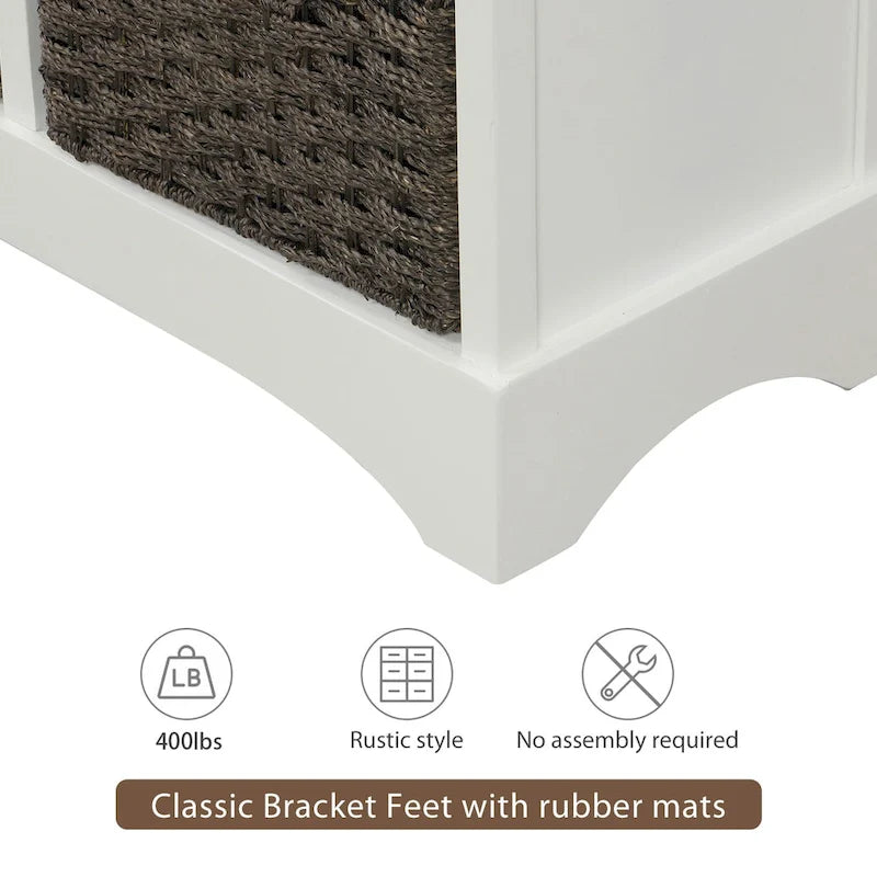 Solid Wood Cabinet with 2 Drawers and 4 Rattan Baskets No Assembly Required