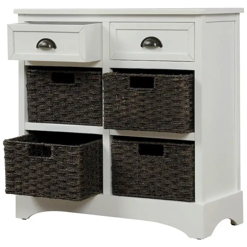 Solid Wood Cabinet with 2 Drawers and 4 Rattan Baskets No Assembly Required