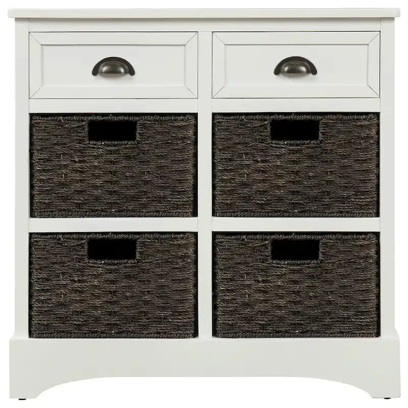 Solid Wood Cabinet with 2 Drawers and 4 Rattan Baskets No Assembly Required