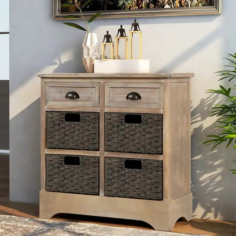 Solid Wood Cabinet with 2 Drawers and 4 Rattan Baskets No Assembly Required