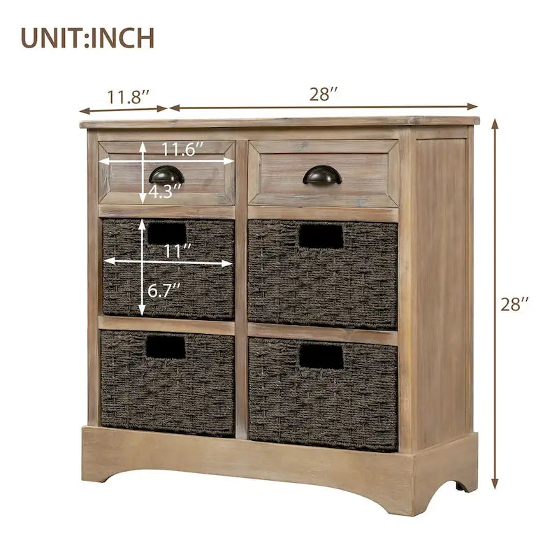 Solid Wood Cabinet with 2 Drawers and 4 Rattan Baskets No Assembly Required